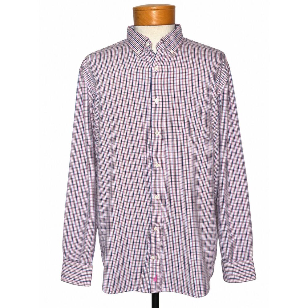 Johnnie-O Men XL Prep-Formance Everyday Button Down Shirt Bamboo Plaid Pink Blue